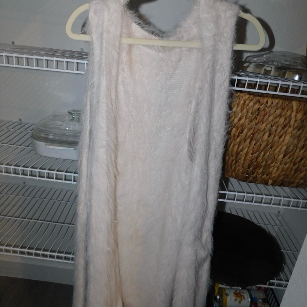 SHEIN White Fuzzy Knit Top, Sleeveless Faux Fur Jacket
